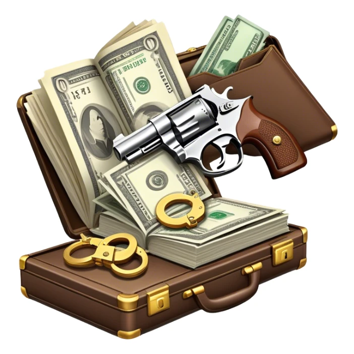 Icon for Action & Crime Reading: an open book with action-packed scenes, featuring a gun, handcuffs, a detective's badge and a briefcase with money. The icon should capture the tension and excitement of crime and action stories. Transparent background. sticker