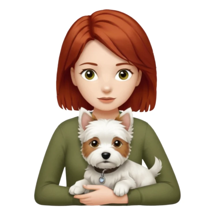 Westhighland white terrier dog being held by woman with dark shoulder length red hair and hazel eye wearing olive green top sticker