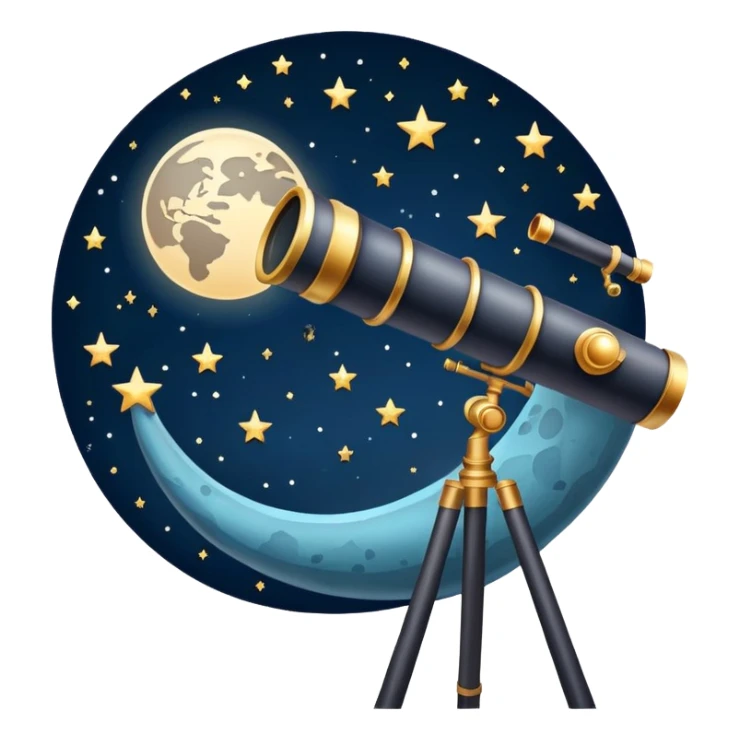 An icon featuring a telescope, stars, and a planet, symbolizing astronomy. The design includes a crescent moon, distant galaxies, and constellations, representing the study of space and celestial bodies. Transparent background highlights the exploration of the universe and cosmic phenomena. sticker