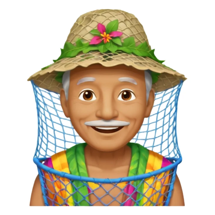 Hawaiian old man with leaf hat and big trash net and colorful cloth sticker