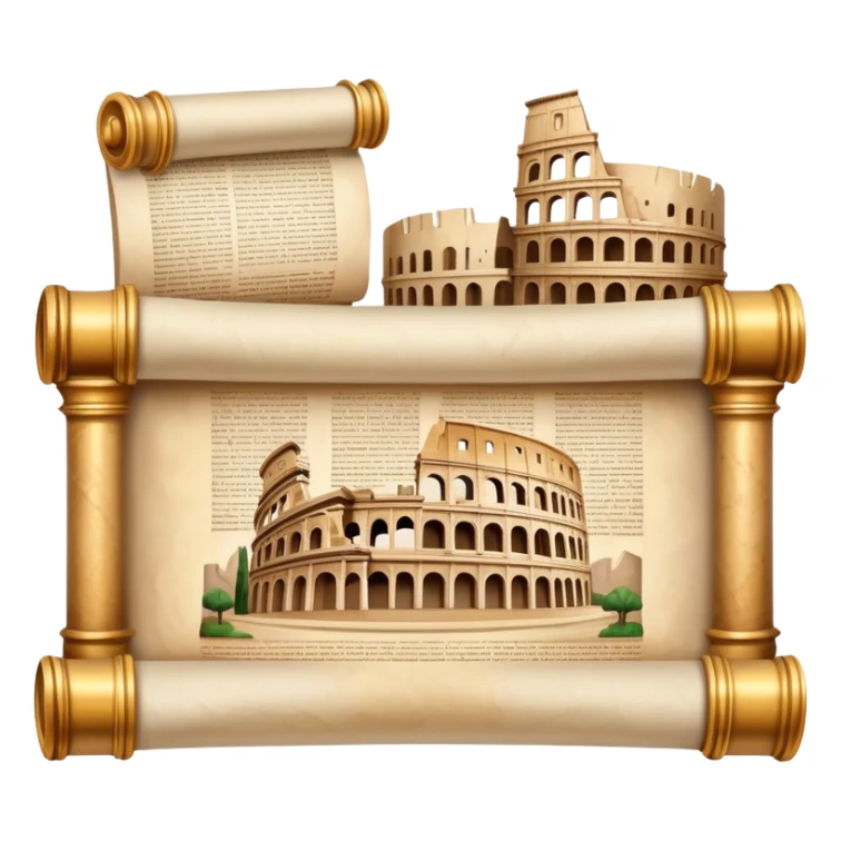 An icon featuring an ancient scroll, surrounded by famous historical landmarks and statues of notable figures, like the Colosseum or Napoleon. The design symbolizes the exploration of history through monuments and people. Transparent background highlights the pas sticker