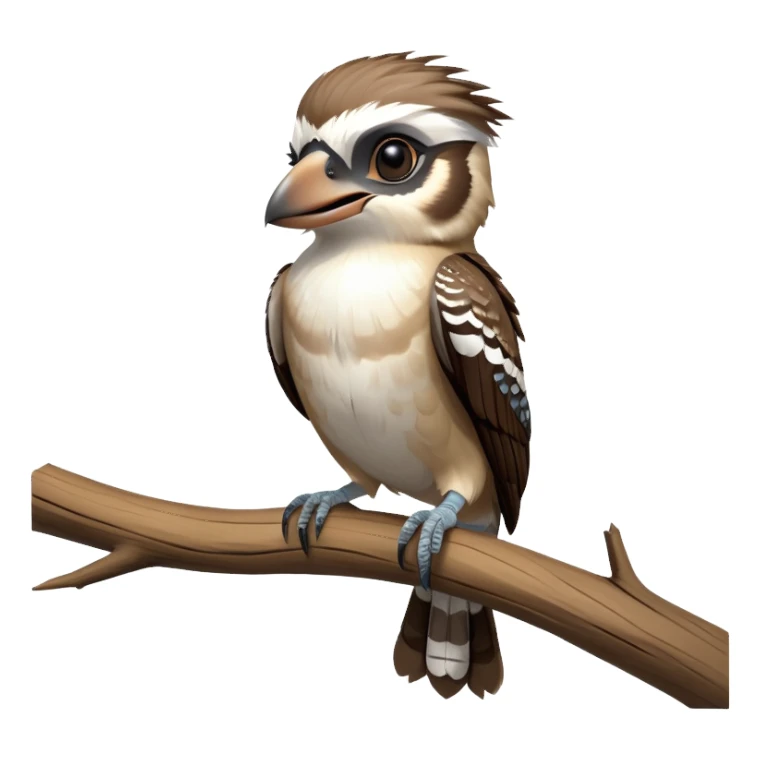 cinematic-kookaburra-realistic-full-body-perched-emoji,-compact-sturdy-frame-balanced-on-a-weathered-branch,-brown-and-white-feathered-wings-folded-neatly,-bold-striped-face-with-a-mischievous-glint-in-its-eye,-massive-sharp-beak-slightly-open-as-if-ready-to-laugh,-simplified-yet-realistic-focused-features,-highly-detailed,-glowing-with-a-warm-golden-light sticker