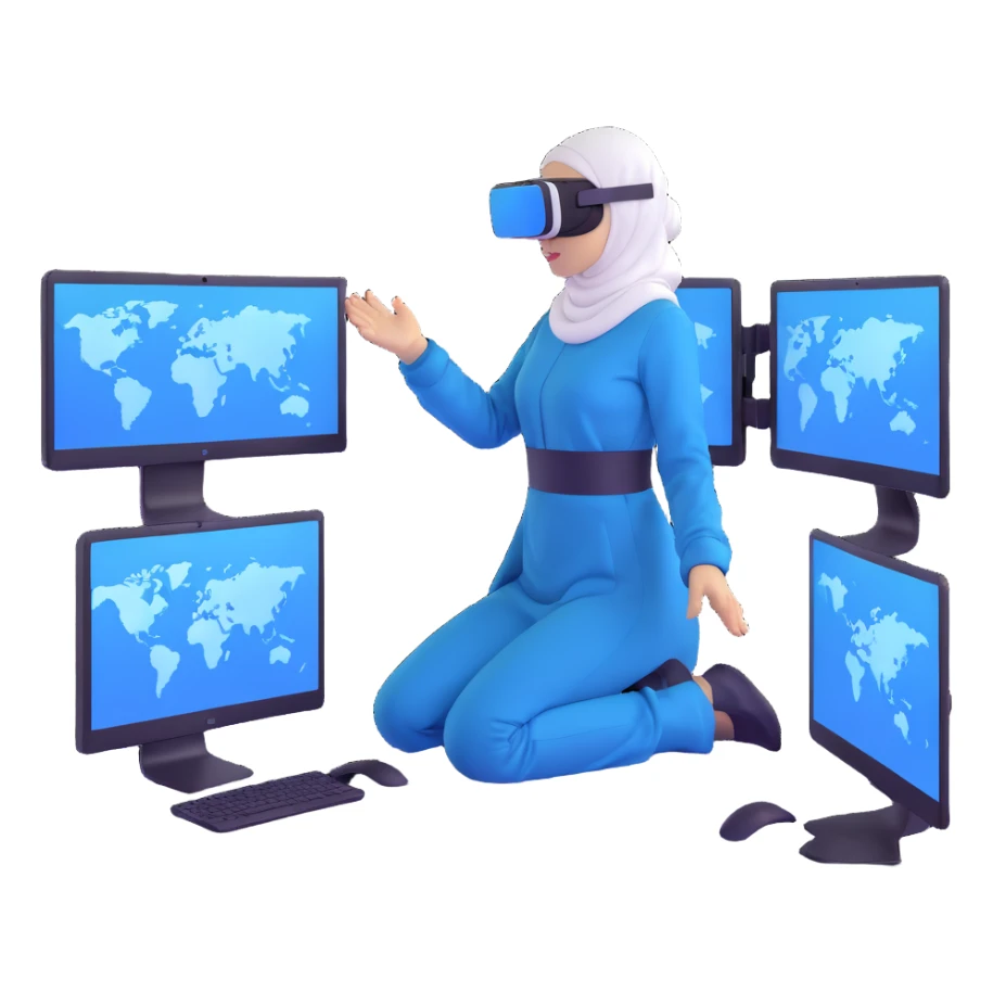 woman with white hijab in blue outfit working with multiple screens displaying digital world, virtual reality interfaces, metaverse elements, code visualization sticker