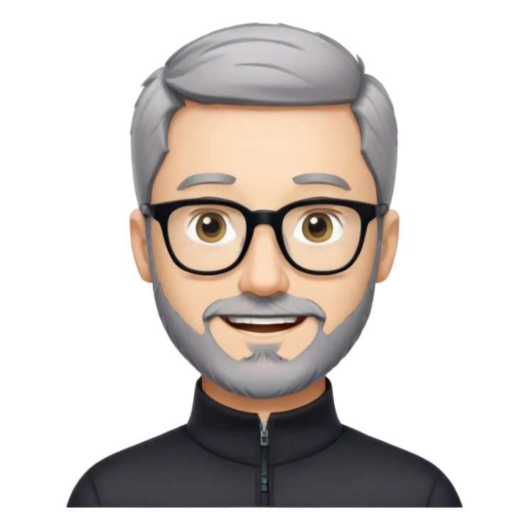 Caucasian man with very short cropped black hair, short beard with noticeable gray hairs, large black eyeglasses, cheerful expression, black athletic long sleeve shirt with quarter zip collar sticker