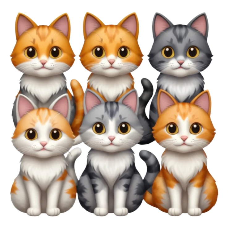 6 realistic looking cats with different natural coloured coats, assorted grey and white, greys, calico colours etc
 sticker