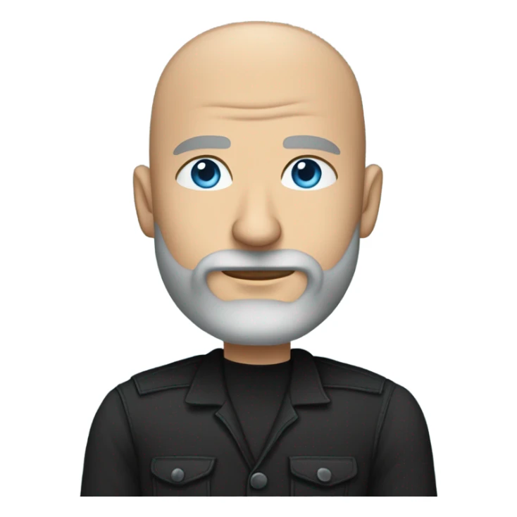Wearing a black dress shirt with a subtle pattern, blue jeans and black Chelsea boots Bald, Caucasian, sky-blue-eyed, Psychotherapist in a modern chair with a full beard sticker