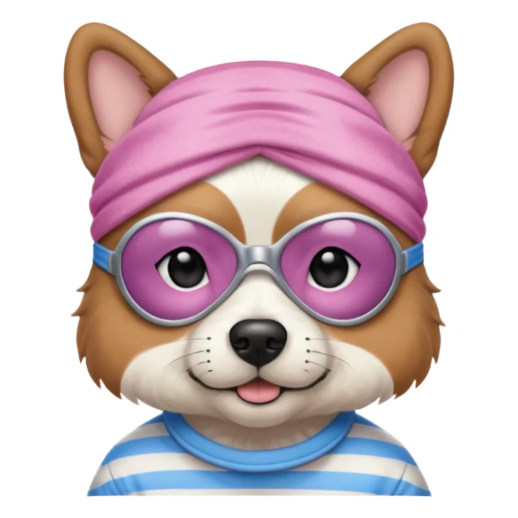 a dog with pink sleep mask and wearing shirt sticker