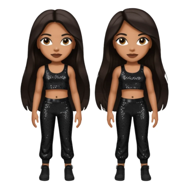 Aaliyah with long dark brown hair, black sequin crop top, black sequin pants sticker