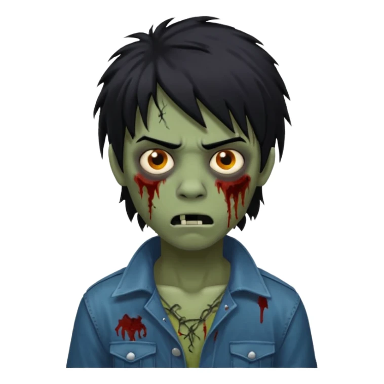 Boy, zombie, black hair, medium long, mullet, emo, shaggy, dark, spooky, black background, creepy expression emoji  sticker