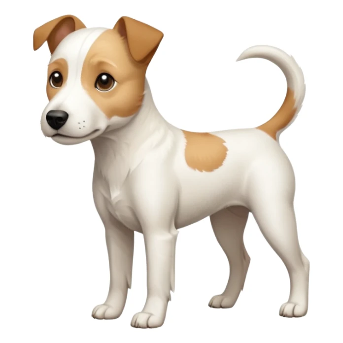 a full body facing front on of a buff white parson russell terrier looking dog the size of a kelpie with light brown long ears and a light brown patch on one eye and a large snout. the rest of the dog is completely white.  sticker
