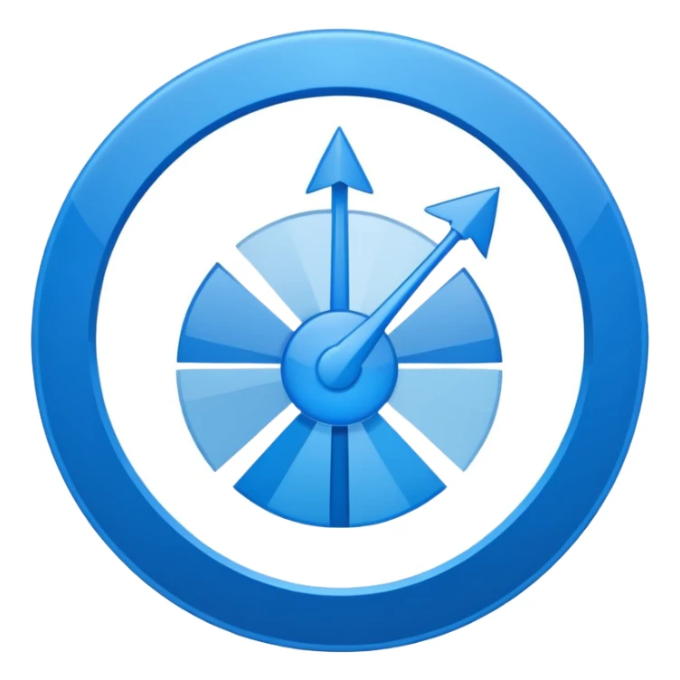 round analytics dashboard icon, blue radial chart, 92% in center, two small arrows, glossy polished minimal design sticker