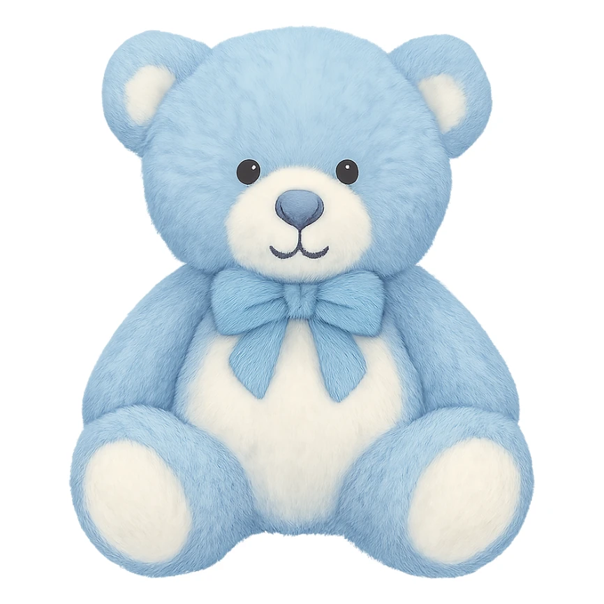 Change the teddy bear's fur to blue and white, keep it soft and plush, no shadows, flat lighting, no background. The style should maintain the original look of the teddy bear in the image. sticker
