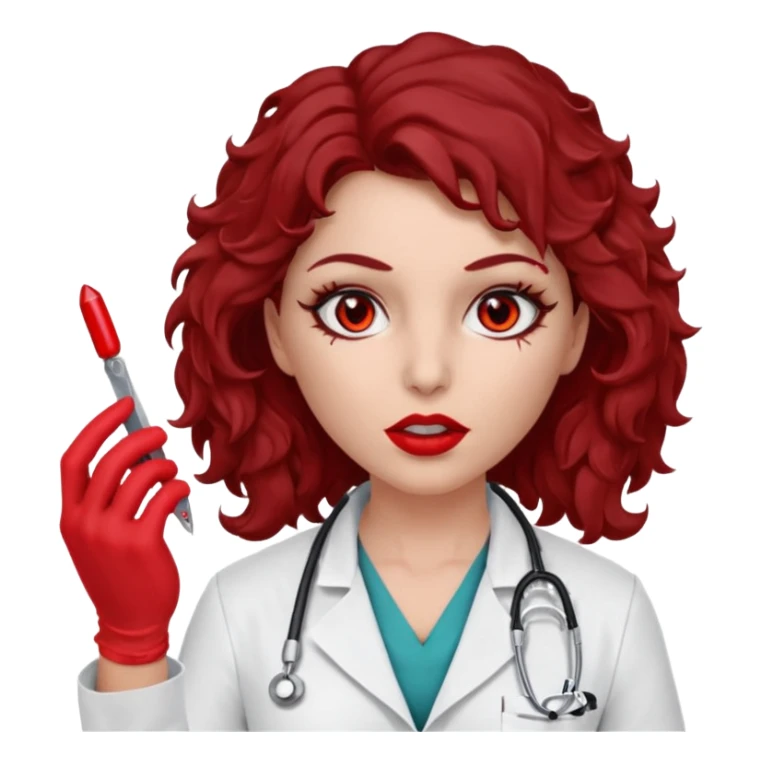 Lilith scalpel in hand, evil surgeon sexy surgeon clothes.  She has red eyes. Dark brown curly hair. Wears sexy doctor outfit with red gloves.covers her mouth necknose with red bandana to hide  her identity. Hair is long and brown hair is free but must cover her face sticker