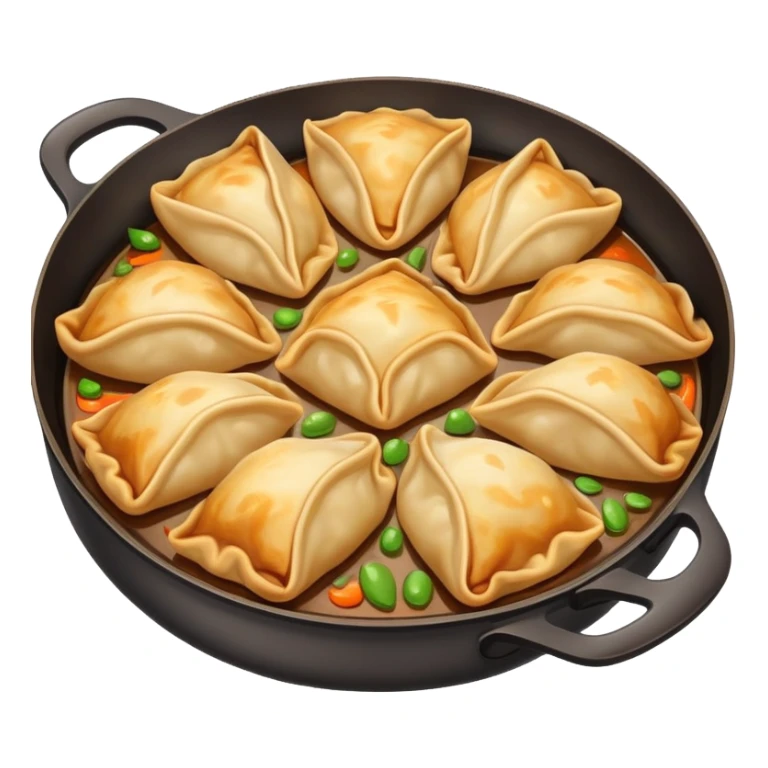 Shanghai fried dumplings with crispy bottom, simplified emoji style with bold outlines and bright colors, cartoon style pan-fried potstickers sticker