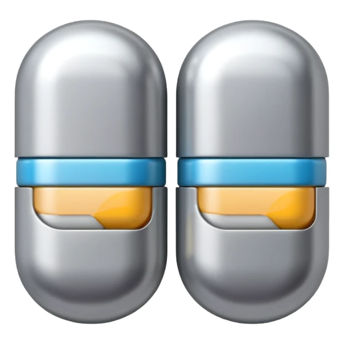 capsule pill emoji, metallic silver halves, smooth glossy finish, futuristic pharmaceutical 3D icon, isolated on white sticker