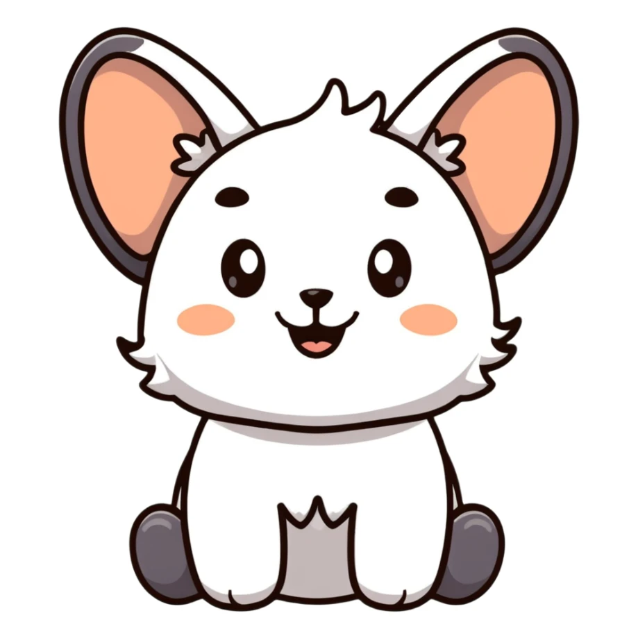 cartoon gibberling character, fluffy, oversized ears, smiling, simple background sticker