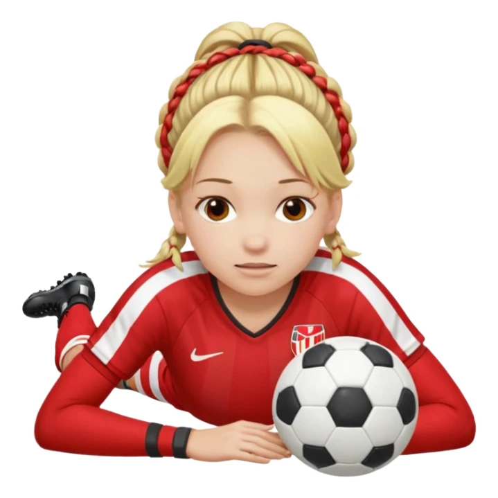 Chica de pelo rubio tirada en el suelo boca abajo agarrando un balón con las manos vestida con una equipación de color rojo y blanco con líneas y con unas botas de tacos de fútbol, con un bucal en la boca y el pelo con trenzas sticker