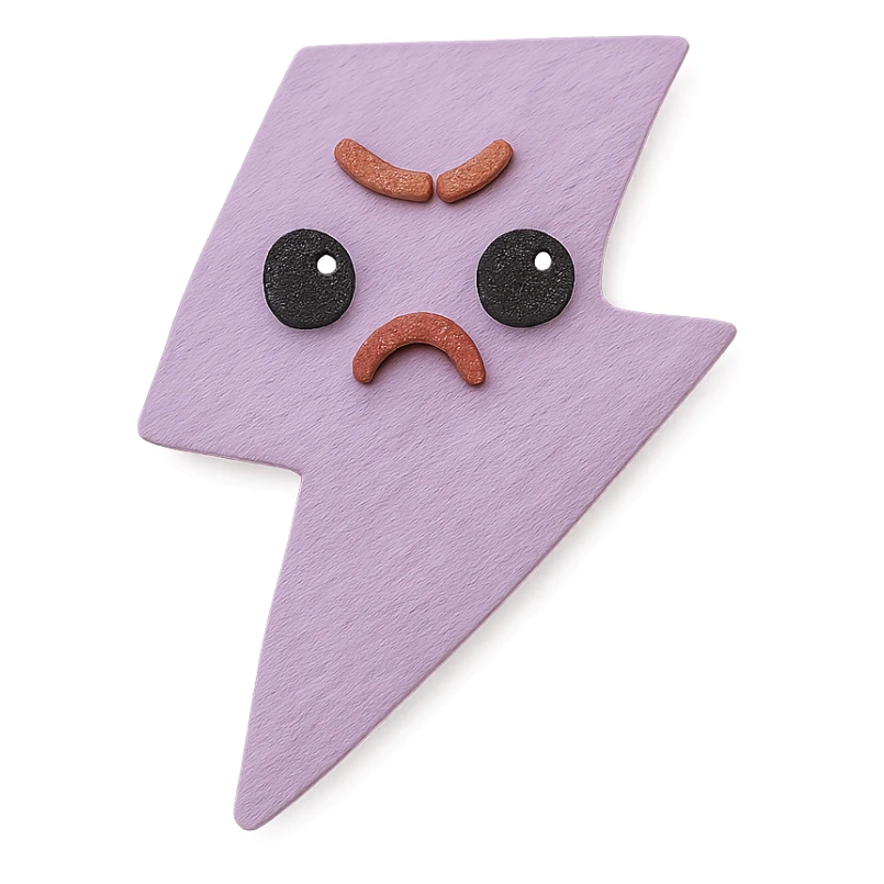 adorable pastel purple lightning bolt, angry expression, cute eyes, no arms or legs, full body, kawaii paper craft style sticker