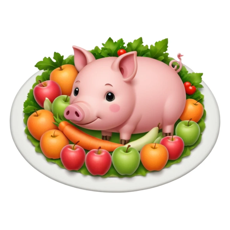 A pig side view nested over a white dish with an apple on his mouth, rounded by vegetables. No human expression sticker