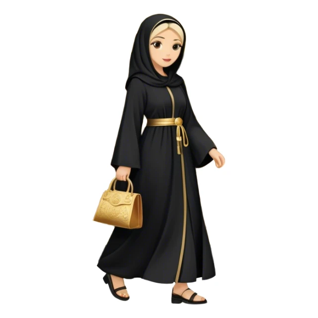 Middle Eastern cultural scene, featuring a young woman dressed in a traditional black abaya with gold accents, walking out of an old-style handcrafted shoe shop. sticker
