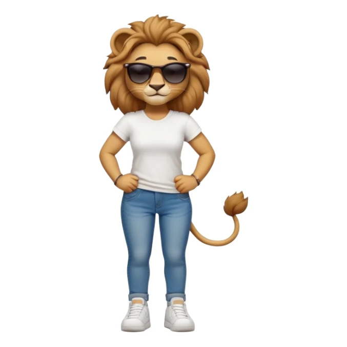 friendly anthropomorphised female lion character, full body, standing confidently with legs shoulder width apart and arms folded, wearing jeans, a white t-shirt, dark sunglasses, and trainers, with a confident smile sticker