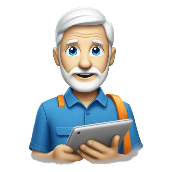 senior electrician with light beard and blue eyes having large tablet  sticker