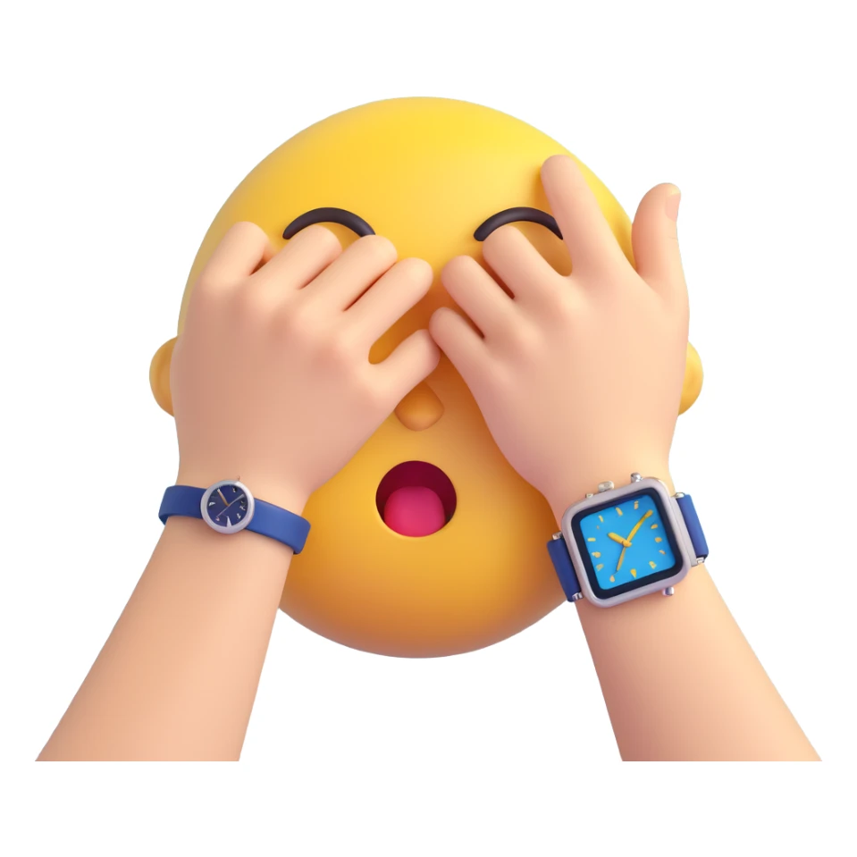 A yellow emoji face with a worried expression, looking at a wristwatch with raised eyebrows, showing urgency and stress sticker