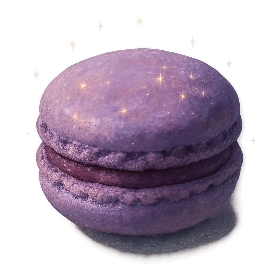 realistic Ghibli style single purple macaron with sparkles, soft painterly textures, enchanting and appetizing sticker