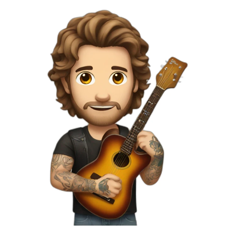 white rock star man with brown hair with tattoos with a guitar sticker