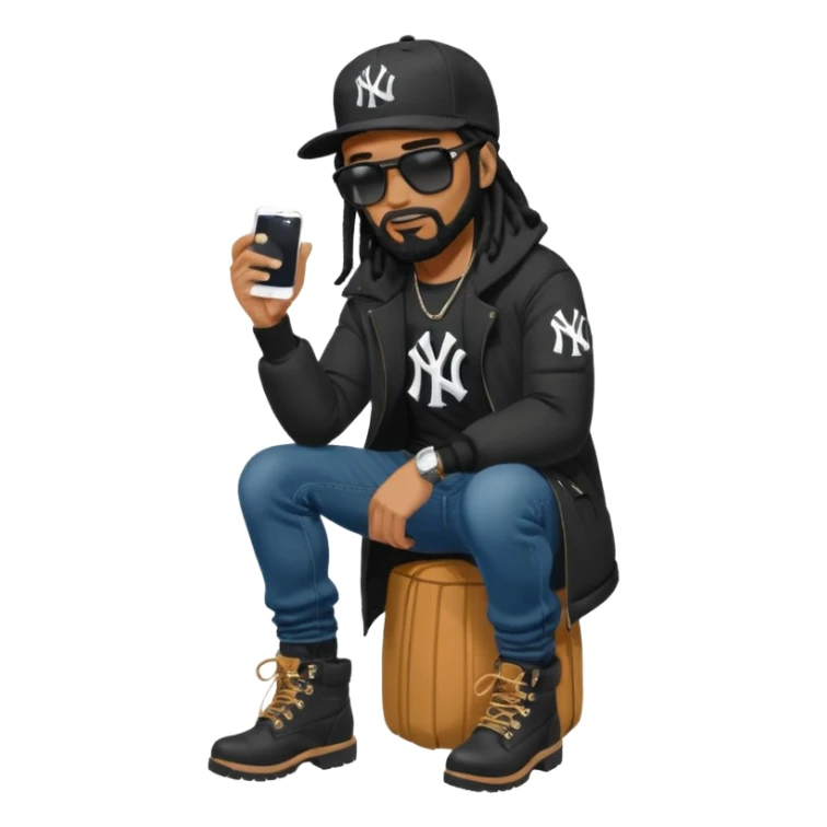 African American man with shoulder length black dreadlocks with black beard wearing black sunglasses wearing a black New York Yankees logo baseball cap wearing a black bubble winter coat wearing denim skinny jeans and timberland boots bending down tying up his shoes sticker