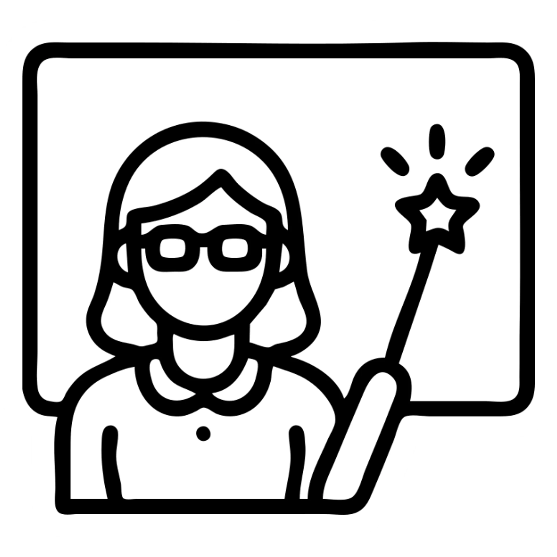 female teacher in front of a chalkboard, holding a glowing magic stick, icon style, clean lines sticker