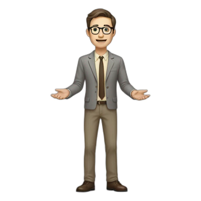 Full height Actively gesturing with hands Pale skinned fit man with dark brown hair in gray jacket, beige office shirt, brown tie, brown pants and vintage glasses. sticker