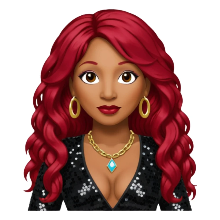 Traci Braxton with long dark red hair, black sequin outfit sticker