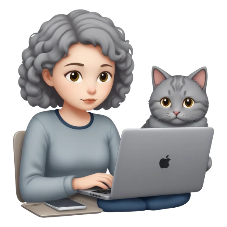 A girl is working hard on a laptop with a cat next to it sticker
