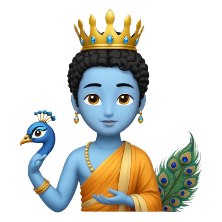 Create a Jesus, Krishna, and Buddha standing together. Krishna: bright blue skin, black curly hair tied in a small topknot, a tiny golden crown decorated with a peacock feather, wearing a yellow dhoti and light golden jewelry

 sticker