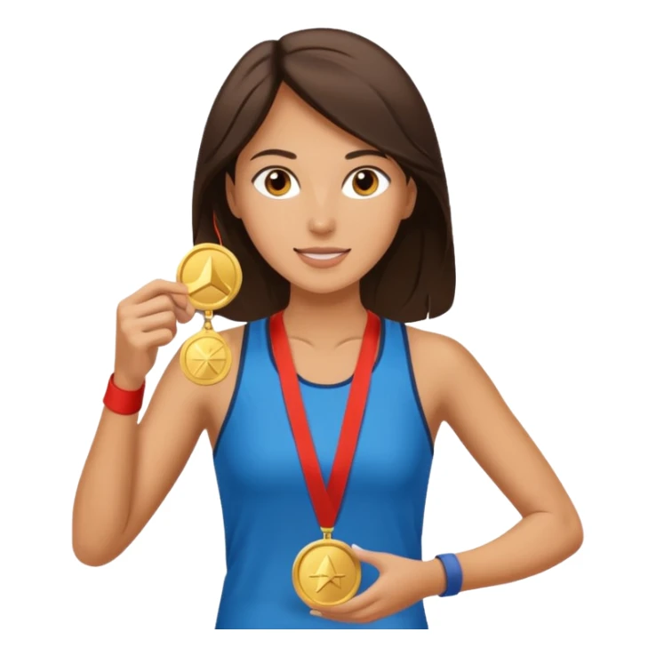 Beautiful brunette woman marathon runner receives medal sticker