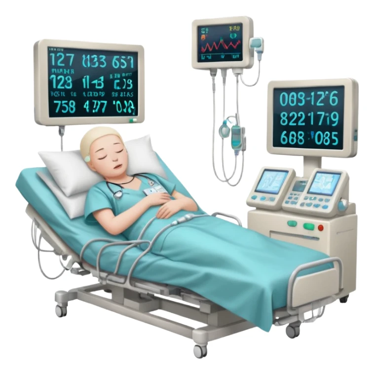 a PATIENT waking up before a surgery sleeping. And monitors with vitals and numbers sticker