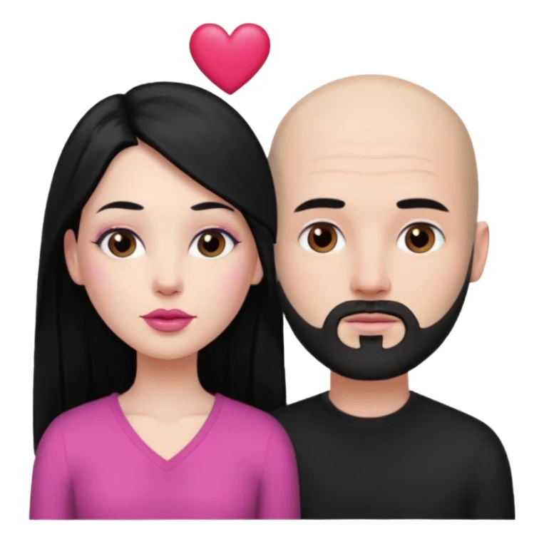 👩🏻‍❤️‍💋‍👨🏻 this one but the man should be bald. white woman with long black hair and white bald young man whoitiut hair and a heart between their heads. she has pink lips and both have brown eyes. he has e full beard but short. both wear black sticker