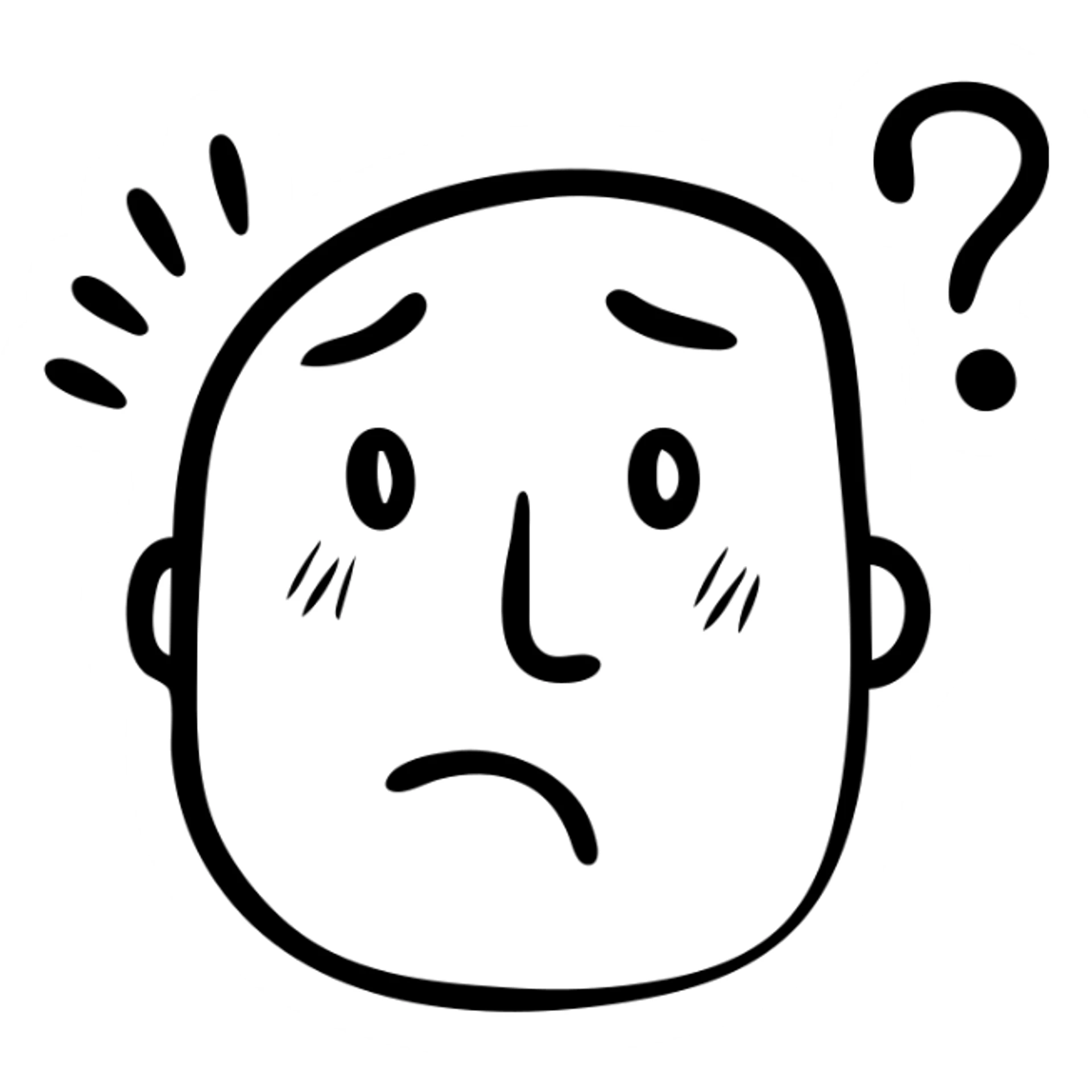 A face with a confused expression, furrowed brow, and a question mark sticker