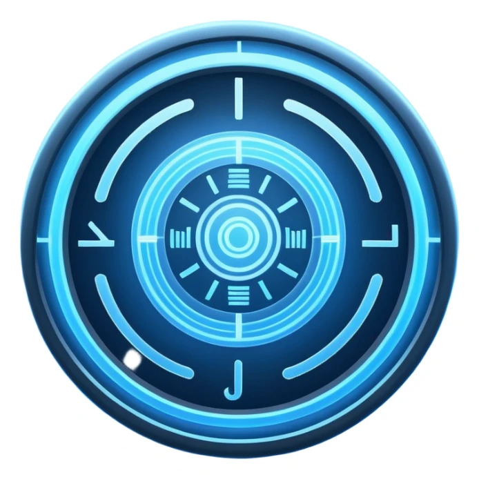 A circular blue holographic interface made of concentric rings, glowing tick marks, and data arcs, with the text “J.A.R.V.I.S.” centered, resembling a futuristic digital HUD floating in space. sticker