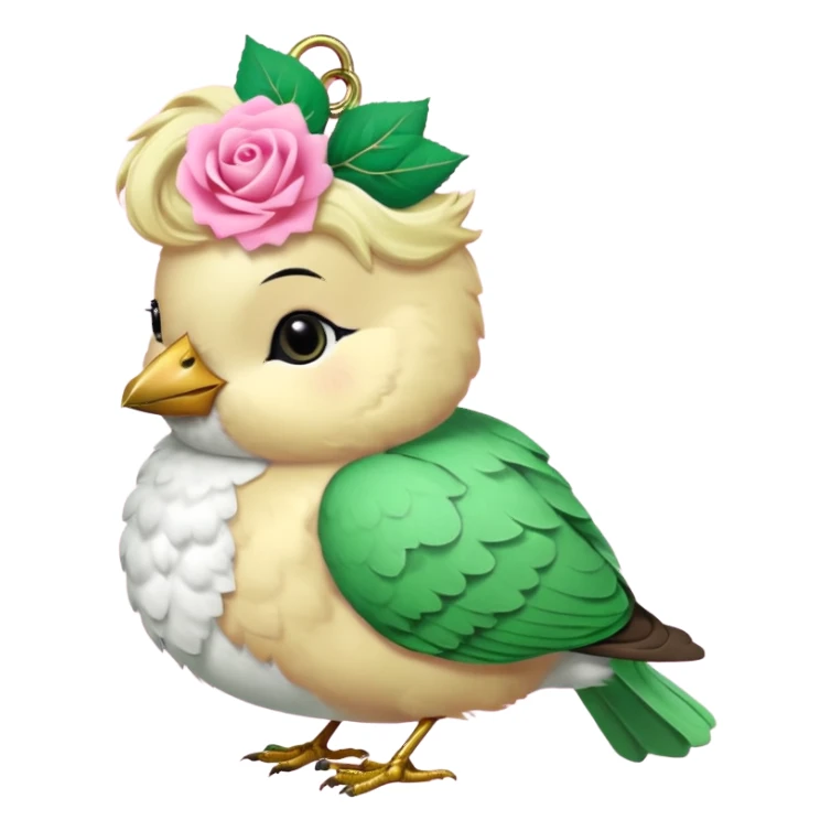 un oiseau classique vert avec un collier avec des breloque argentées et un poil blond qui fait une petite bouclette sur le front et à côté un oiseau rose avec le même collier mais en doré et un cheveu marron et les deux se regardent sticker