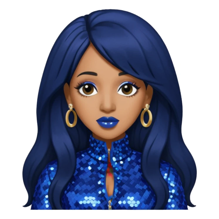 Cardi B with long jet black hair, indigo sequin outfit sticker