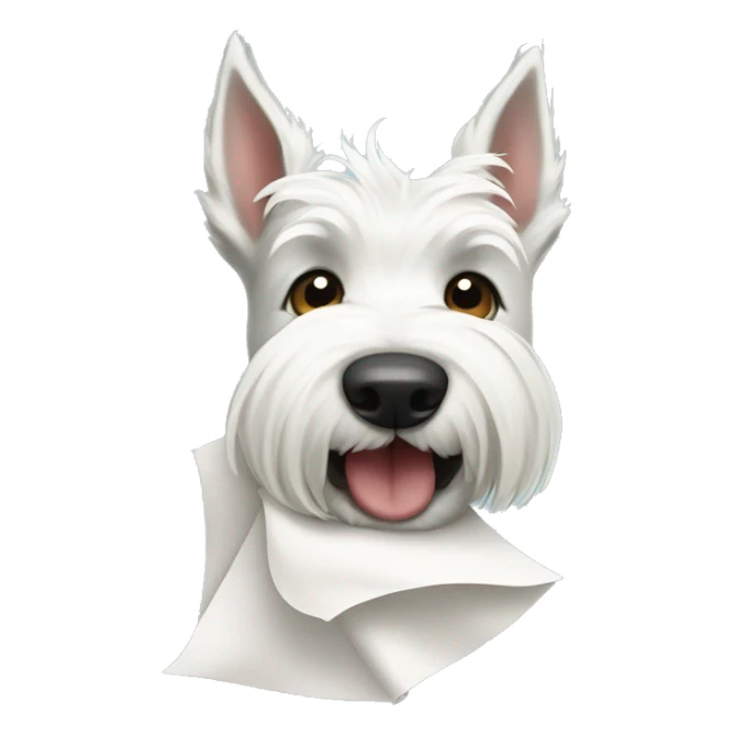 White Scottish terrier face holding tissue in its mouth sticker