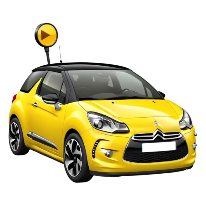 Yellow car Citroen DS3 with black roof like from car catalog  front left side mirror of the car is gray with gloss sticker