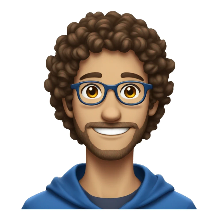 guy smiling brown curly hair short sides, blue wizard hat sticker