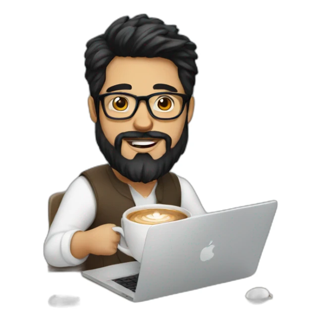 Designer with black hair, beard and glasses working with MacBook and drinking cappuccino  sticker