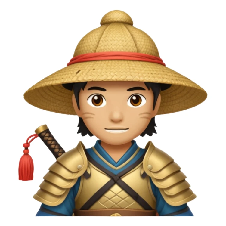Samurai with straw hat, Warrior in armor holding wide hat sticker