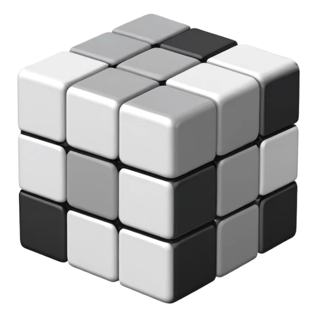 A 3x3 Rubik's Cube in monochromatic grayscale: white, light gray, medium gray, dark gray, black, minimalist iOS emoji style sticker