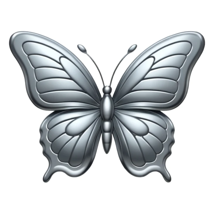 Liquid metal butterfly emoji, silver chrome material, iOS emoji style, smooth curves, reflective surface, elegant and minimal, white background sticker