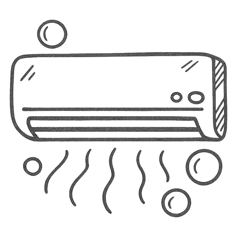 hand-drawn outlined icon of air conditioning cleaning, playful style, AC unit with bubbles sticker
